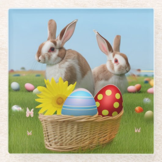 気分のためのイースターかわいい前向きバニー ガラスコースター (正面)