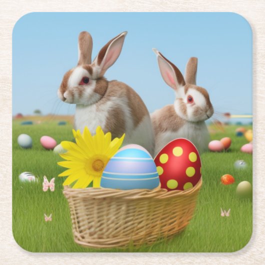 気分のためのイースターかわいい前向きバニー スクエアペーパーコースター (正面)