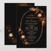 気分を落ち着かせるブラックと焦橙色の花の結婚式 招待状 (正面/裏面)