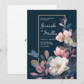 気分屋なネイビー ピンク ローズ ホワイト アネモネ フラワー ウェディング 招待状 (正面/裏面)