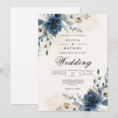 気分屋なネイビー フラワー アーチ ウェディング 招待状 (正面/裏面)