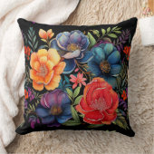 気分屋のマルチカラー花柄黒地パターン クッション (ブランケット)