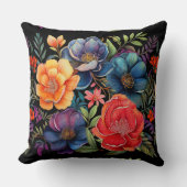気分屋のマルチカラー花柄黒地パターン クッション (正面)