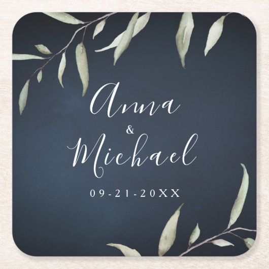 気分強いミニマル海軍の植物性結婚植物 スクエアペーパーコースター (正面)