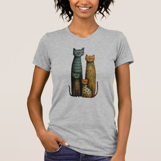 気取りのないフォークアートの猫の家族デザイン Tシャツ (正面)