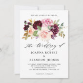 気品あるプラムパープル ブラッシュピンク ローズ フローラル ウェディング 招待状 (正面)