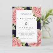 気品あるヴィンテージ ネイビー & ピンク 牡丹 ウェディング 招待状 (スタンド正面)