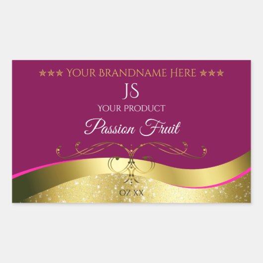 気品のあるウェーブ模様のゴールド装飾 ワインレッドのモノグラムラベル 長方形シール (正面)