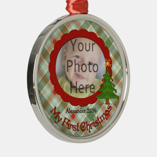 気持が良い格子縞のベビーの初めてのクリスマスのオーナメント メタルオーナメント (右)