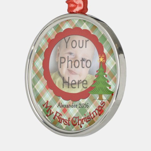 気持が良い格子縞のベビーの初めてのクリスマスのオーナメント メタルオーナメント (左)