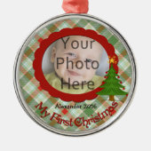 気持が良い格子縞のベビーの初めてのクリスマスのオーナメント メタルオーナメント (正面)