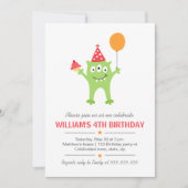 気球およびカップケーキの誕生日のおもしろいなモンスター 招待状 (正面)