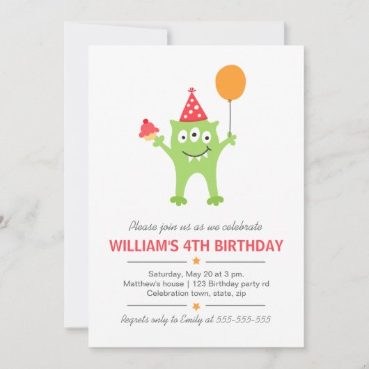 気球およびカップケーキの誕生日のおもしろいなモンスター 招待状 (正面)