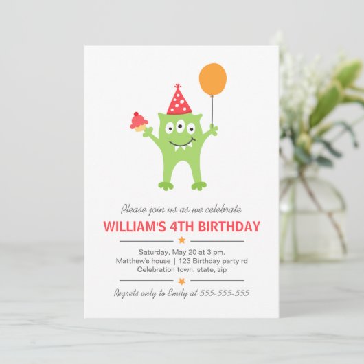 気球およびカップケーキの誕生日のおもしろいなモンスター 招待状 (スタンド正面)