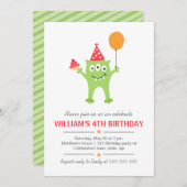 気球およびカップケーキの誕生日のおもしろいなモンスター 招待状 (正面/裏面)