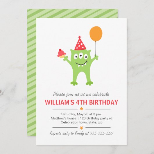 気球およびカップケーキの誕生日のおもしろいなモンスター 招待状 (正面/裏面)