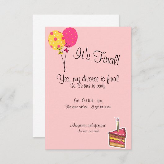 気球およびケーキの離婚のパーティの招待状 招待状 (正面/裏面)