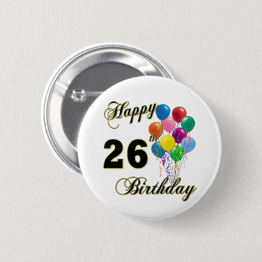 気球が付いている幸せな第26誕生日プレゼント 缶バッジ (正面&裏面)