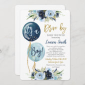 気球で車を運転する赤ちゃんシャワーボーイ 招待状 (正面/裏面)