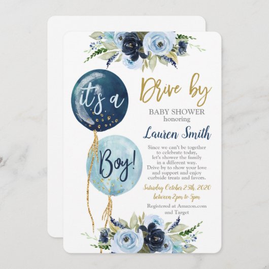 気球で車を運転する赤ちゃんシャワーボーイ 招待状 (正面/裏面)