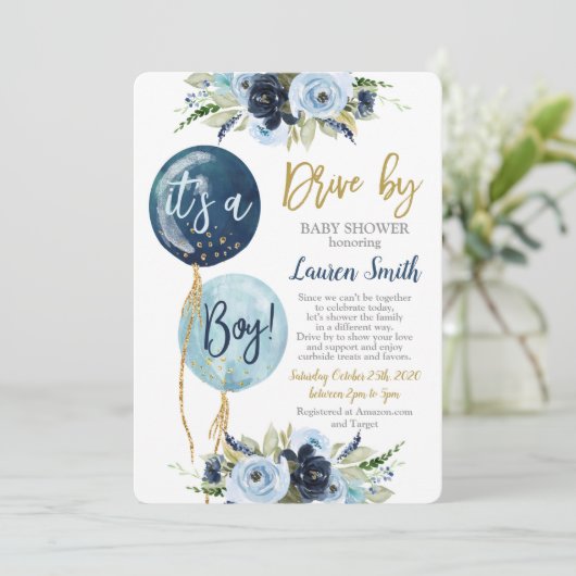 気球で車を運転する赤ちゃんシャワーボーイ 招待状 (スタンド正面)