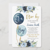 気球で車を運転する赤ちゃんシャワーボーイ 招待状 (正面)