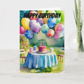 気球とお誕生日ケーキの裏庭の水色 カード (正面)