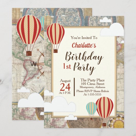 気球と世界地図のヴィンテージアドベンチャー 招待状 (正面/裏面)