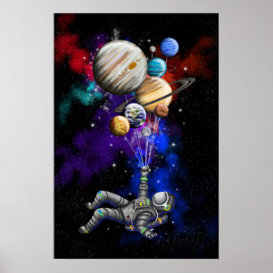気球と宇宙に浮かぶ宇宙飛行士 ポスター