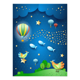 気球と星のポストの波と超現実的な夜 フォトプリント           