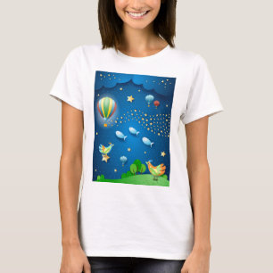 気球と星のポストの波と超現実的な夜 Tシャツ