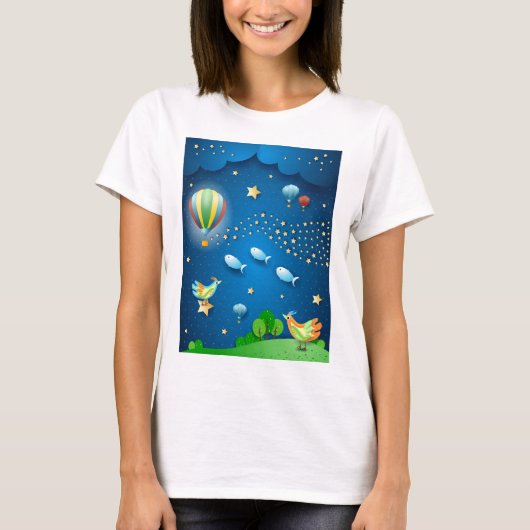 気球と星のポストの波と超現実的な夜 Tシャツ (正面)
