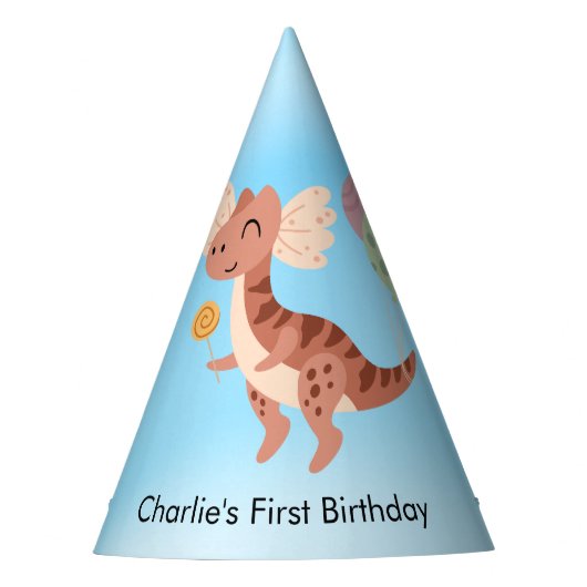気球のあるドロポサウルスの幸せな恐竜 パーティーハット (正面)