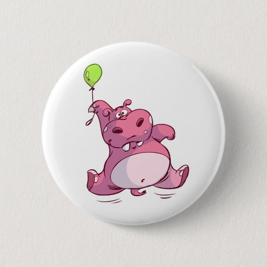 気球のかわいいピンクのカバ 缶バッジ (正面)