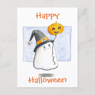 気球のハッピーハローウィンのベビーの幽霊 シーズンポストカード