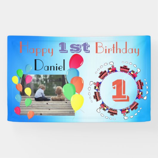 気球のパーソナライズな男の赤ちゃんの幸せな第1誕生日 横断幕 (横)