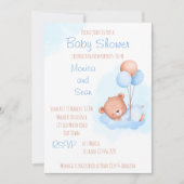 気球のベビーシャワーとパステルかわいいテディベア 招待状 (正面)