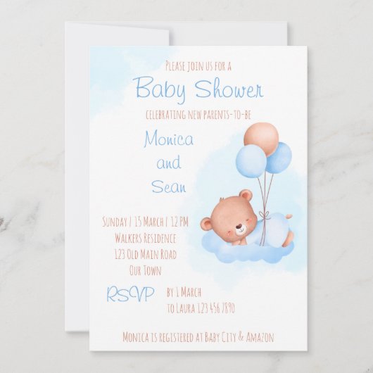 気球のベビーシャワーとパステルかわいいテディベア 招待状 (正面)