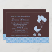 気球のベビーシャワーの招待状が付いている青いベビーカー 招待状 (正面/裏面)