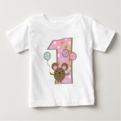 気球のマウスのピンクの第1誕生日のTシャツ ベビーTシャツ (正面)