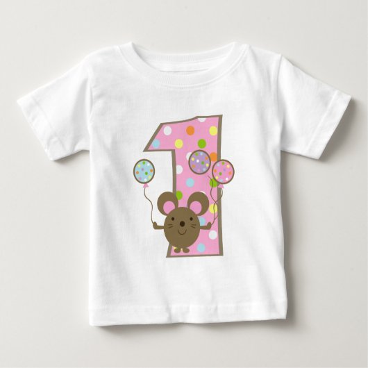 気球のマウスのピンクの第1誕生日のTシャツ ベビーTシャツ (正面)