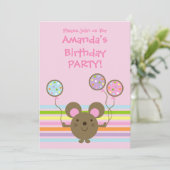 気球のマウスのピンクの誕生日のパーティの招待状 招待状 (スタンド正面)