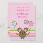 気球のマウスのピンクの誕生日のパーティの招待状 招待状 (正面/裏面)