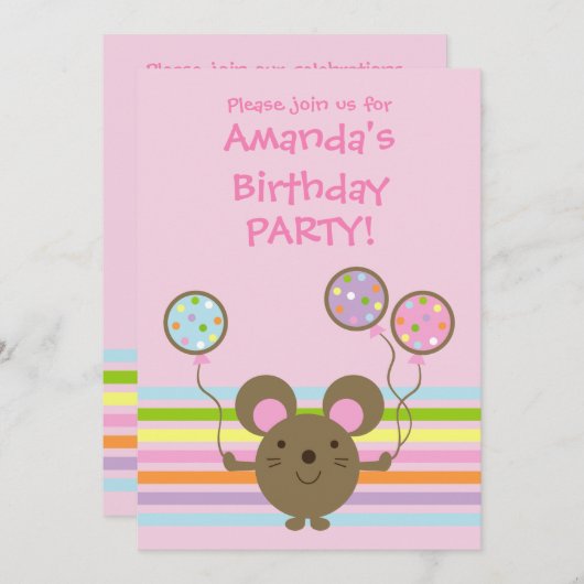 気球のマウスのピンクの誕生日のパーティの招待状 招待状 (正面/裏面)