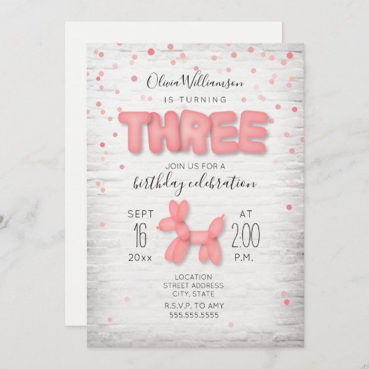 気球の動物の煉瓦紙吹雪のピンクの第3誕生日 招待状 (正面/裏面)