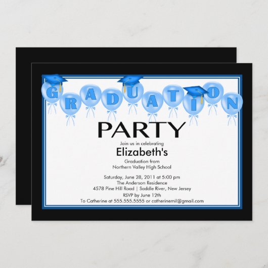 気球の卒業のパーティの招待状のブルーキャップ 招待状 (正面/裏面)