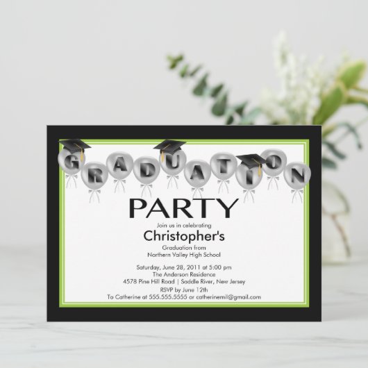 気球の卒業のパーティの招待状の黒の帽子 招待状 (スタンド正面)