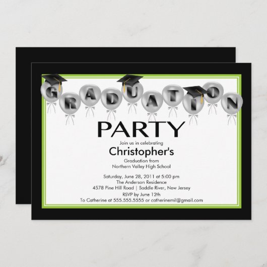 気球の卒業のパーティの招待状の黒の帽子 招待状 (正面/裏面)