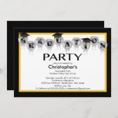 気球の卒業のパーティの招待状の黒の帽子 招待状 (正面/裏面)