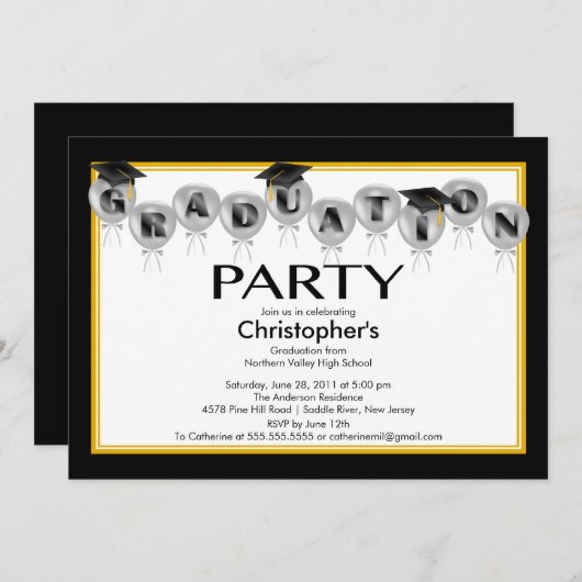 気球の卒業のパーティの招待状の黒の帽子 招待状 (正面/裏面)